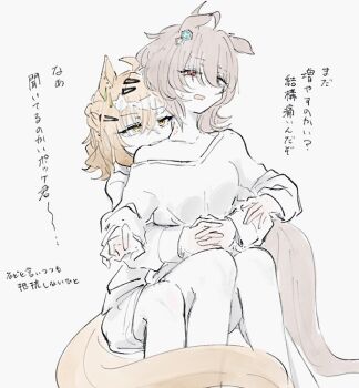 2girls agnes_tachyon_(umamusume) animal_ears bite_mark bite_mark_on_neck bite_mark_on_shoulder biting_shoulder braid brown_hair commentary hair_ornament hairclip half_up_braid horse_ears horse_girl horse_tail hug hug_from_behind hydr051 jungle_pocket_(umamusume) medium_hair multiple_girls open_mouth own_hands_together red_eyes shorts sitting symbol-only_commentary tail translation_request umamusume yellow_eyes yuri
