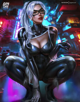 1girl absurdres artist_name black_bodysuit black_cat_(marvel) blue_eyes blurry blurry_background bodysuit breasts city cleavage domino_mask eye_mask felicia_hardy grey_hair highres large_breasts logan_cure long_hair looking_at_viewer marvel mask paid_reward_available parted_lips red_lips skin_tight solo squatting