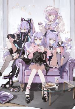 4girls animal_ear_fluff animal_ear_headphones animal_ears bare_legs black_coat black_jacket black_shoes black_socks blue_hair bow bread bread_slice candy cardigan cat_ear_headphones cat_ears cat_girl cat_tail chair coat colored_inner_hair commentary_request controller couch crescent cup dress fake_animal_ears fishnet_thighhighs fishnets food foot_out_of_frame frown full_body gaming_chair ghost_hair_ornament glass_table goggles grey_socks gun hair_bow hair_ornament harness hat headphones heart heart_hair_ornament highres holding holding_candy holding_controller holding_food holding_lollipop holding_stuffed_toy indoors jacket kneehighs knees_up leaning_on_object lollipop long_hair looking_at_viewer multicolored_hair multiple_girls multiple_persona no_shoes o-ring o-ring_harness off_shoulder official_alternate_costume official_alternate_hair_length official_alternate_hairstyle one_eye_closed pink_bow pink_shirt plate platform_shoes purple_bow purple_hair purple_shirt purple_shoes rifle sailor_collar shinomiya_runa shinomiya_runa_(1st_costume) shinomiya_runa_(2nd_costume) shinomiya_runa_(3rd_costume) shinomiya_runa_(4th_costume) shirt shoes single_thighhigh sitting skirt sleeves_past_fingers sleeves_past_wrists smile socks standing standing_on_one_leg star_(symbol) streaked_hair stuffed_toy swivel_chair table tail thighhighs thighs toast two_side_up undershirt virtual_youtuber vspo! watakokyu weapon white_cardigan white_dress white_hat white_sailor_collar white_skirt white_socks x_hair_ornament yellow_eyes