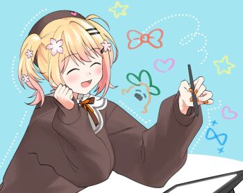 Rule 34 | 1girl, beret, blue background, blush, bow, bowtie, brown bow, brown bowtie, brown cardigan, brown hat, cardigan, closed eyes, commentary request, drawing tablet, fang, flower, hair flower, hair ornament, hand up, hat, holding, holding stylus, hololive, momosuzu nene, momosuzu nene (casual), nail polish, nekko (momosuzu nene), official alternate costume, official alternate hairstyle, open mouth, orange nails, pink flower, sailor collar, sidelocks, smile, solo, stylus, swept bangs, twintails, uuoftn, virtual youtuber, white sailor collar