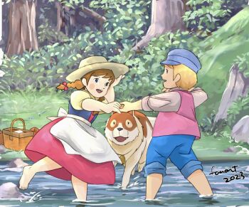 Rule 34 | 1970s (style), 1boy, 1girl, 2023, a dog of flanders, aloise cogez, barefoot, commentary request, dog, feet, hat, nello (a dog of flanders), oldschool, orange hair, outdoors, petrasche (a dog of flanders), pocco1224, retro artstyle, tree, twintails, world masterpiece theater