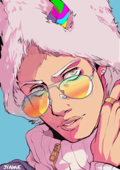 1boy animated animated_gif blue_background earrings fur_hat glint hat highres horns jewelry jinmessan jojo_no_kimyou_na_bouken lips male_focus multicolored_horns parted_lips portrait simple_background solo stone_ocean stud_earrings weather_report zipper zipper_pull_tab