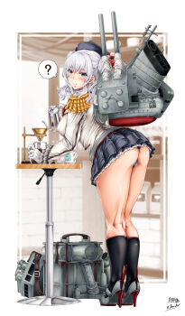 1girl ? beret black_legwear black_skirt blue_eyes breasts coffee_mug coffee_pot cup epaulettes frilled_sleeves frills gloves hat highres jacket kantai_collection kashima_(kancolle) large_breasts long_sleeves machinery military military_jacket military_uniform miniskirt mug neckerchief pleated_skirt red_neckerchief ship_turret sidelocks silver_hair skirt smile socks speech_bubble tsukineko tsurime wavy_hair white_gloves white_jacket