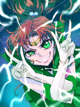 1girl bishoujo_senshi_sailor_moon brown_hair elbow_gloves electricity female_focus gloves green_eyes green_sailor_collar green_skirt grin kawa13923910 kino_makoto looking_at_viewer magical_girl parted_bangs ponytail sailor_collar sailor_jupiter sailor_senshi_uniform simple_background skirt smile teeth upper_body