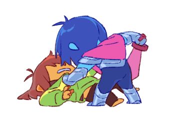 2others armor blue_skin brown_hair cape colored_skin deltarune gaida green_sweater holding holding_sword holding_weapon kris_(dark_world)_(deltarune) kris_(deltarune) multiple_others other_focus pink_cape short_hair sweater sword utdr_(toby_fox) weapon yellow_skin