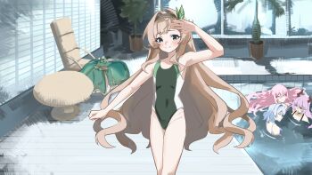 4girls ahoge bikini bow commission elaine_duvelle flower flower_pot green_eyes hair_ornament highres hisui_hotaru indoors knee_up knees_up long_hair lumiel_lumiere multiple_girls one-piece_swimsuit pool ribbon ruvii_redcore swimsuit table takara_live virtual_youtuber water window