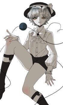 1boy commentary_request frilled_shirt frills genderswap genderswap_(ftm) green_eyes greyscale hand_on_own_knee hat hat_ribbon highres invisible_chair komeiji_koishi looking_at_viewer monochrome neon_(co2co8) ribbon shirt short_hair short_shorts shorts simple_background sitting smile socks solo spot_color third_eye touhou
