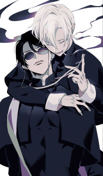 2boys bead_necklace beads black_capelet black_hair black_shirt black_smoke capelet character_request cigarette closed_eyes commentary_request copyright_request cross cross_necklace ear_piercing earrings eyewear_strap fang hair_between_eyes hand_on_another&#039;s_shoulder hand_up highres holding holding_jewelry holding_necklace hug hug_from_behind jacket jewelry long_sleeves male_focus manomenou mouth_hold multiple_boys necklace parted_lips pearl_necklace piercing pointy_ears priest round_eyewear shirt short_hair simple_background smile smoke smoking sunglasses upper_body white_background white_hair yaoi