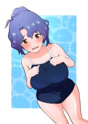 Rule 34 | antenna hair, bare arms, bare legs, bare shoulders, blue hair, blue one-piece swimsuit, blush, border, breasts, collarbone, cowboy shot, dot nose, forehead, from above, full-face blush, hair between eyes, hands on own chest, highres, idolmaster, idolmaster million live!, idolmaster million live! theater days, large breasts, new school swimsuit, official alternate hairstyle, one-piece swimsuit, outside border, parted bangs, ponytail, school swimsuit, short hair, sidelocks, standing, swimsuit, tearing up, toyokawa fuka, wavy hair, wavy mouth, white border, yosson s