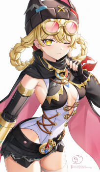 1girl absurdres black_gloves black_shorts blonde_hair braid braided_hair_rings breasts closed_mouth fingerless_gloves genshin_impact gloves goggles goggles_on_head hair_rings hand_up highres jahoda_(genshin_impact) looking_at_viewer nyamaso one_eye_closed short_shorts shorts signature small_breasts smile solo standing star-shaped_pupils star_(symbol) symbol-shaped_pupils yellow_eyes