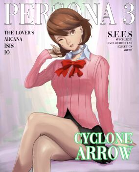 1girl breasts brown_eyes brown_hair cover curtains earrings jewelry lips long_sleeves magazine_cover nogami_rei one_eye_closed persona persona_3 school_uniform short_hair sitting skirt sweater takeba_yukari