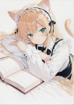 1girl absurdres animal_ears aqua_eyes arm_support ayane_(ayaneiroaya) blonde_hair book cat_ears cat_girl cat_tail crossed_arms hairband highres lolita_hairband long_hair long_sleeves looking_at_viewer maid open_book original painting_(medium) shirt tail traditional_media watercolor_(medium) white_shirt