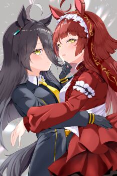 2girls absurdres ahoge animal_ears artist_name black_coat black_gloves black_hair blunt_bangs blunt_ends blush closed_mouth coat collared_shirt contrast_collar cowboy_shot dress ear_ornament ear_tag earrings eyes_visible_through_hair frilled_hairband frills gloves hair_over_one_eye hairband hand_on_another&#039;s_chin hand_on_another&#039;s_waist highres horse_ears horse_girl horse_tail hug jewelry layered_dress long_hair long_sleeves looking_at_viewer manhattan_cafe_(creeping_black)_(umamusume) manhattan_cafe_(umamusume) maruni_manieru multicolored_hair multiple_girls necktie open_clothes open_coat parted_lips red_desire_(umamusume) red_dress red_hair red_hairband shirt signature single_earring smile tail umamusume very_long_hair white_hair yellow_eyes yellow_necktie