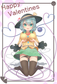 1girl black_hat black_panties black_thighhighs blush bow box breast_lift breasts commentary_request frilled_shirt_collar frills full_body gluteal_fold green_eyes green_skirt grey_hair harunoha hat hat_bow heart heart-shaped_box heart_of_string highres komeiji_koishi large_breasts long_sleeves looking_at_viewer open_mouth panties shirt short_hair simple_background skirt smile solo thighhighs third_eye touhou underwear valentine white_background yellow_bow yellow_shirt