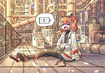 1girl a.i._voice adachi_rei android battery black_pantyhose black_shirt cable closed_eyes factory flat_chest gloves grey_skirt hair_ribbon headband headlamp highres image_in_thought_bubble jacket long_sleeves machine mamesan0031 open_clothes open_jacket open_mouth orange_hair pantyhose radio_antenna ribbon shirt shoes side_ponytail sitting skirt three-quarter_sleeves sneakers socks solo speech_bubble thought_bubble tongue tube utau white_gloves white_jacket white_ribbon white_socks