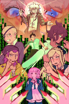 Rule 34 | 4boys, 4girls, absurdres, beanie, binary, black bow, black hat, blue eyes, blue jacket, blush stickers, bow, braid, breast pocket, brown hair, bundeadly, closed mouth, collared shirt, commentary, crying, crying with eyes open, danganronpa (series), danganronpa 2: goodbye despair, dark-skinned female, dark skin, english commentary, enoshima junko, eyelashes, eyepatch, fingernails, fire, freckles, green eyes, green jacket, green necktie, green pants, hair bow, hair ornament, hair ribbon, hat, highres, hinata hajime, holding, holding polearm, holding weapon, hood, hood down, hooded jacket, jacket, komaeda nagito, kuzuryu fuyuhiko, long hair, long sleeves, medium hair, motion blur, multiple boys, multiple girls, nail polish, nanami chiaki, necktie, open clothes, open jacket, open mouth, owari akane, pants, pink eyes, pink hair, pink ribbon, pink skirt, pocket, polearm, red nails, ribbon, rope, rope around wrist, sharp teeth, shirt, short hair, short sleeves, single braid, skirt, smile, soda kazuichi, sonia nevermind, spear, spoilers, striped clothes, sweat, sweatdrop, tears, teeth, upper teeth only, v-shaped eyebrows, vertical-striped clothes, very short hair, weapon, white hair, white shirt, zipper