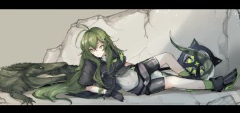 1girl antenna_hair arknights arm_behind_back belt bike_shorts bike_shorts_under_skirt black_gloves black_shirt black_shoes black_shorts clothes_writing commentary_request crack cracked_floor cracked_wall crocodile crocodilian crocodilian_tail cropped_shirt double-parted_bangs elbow_rest full_body gavial_(arknights) gloves green_hair green_socks grey_skirt grin hair_between_eyes hair_ornament hair_over_shoulder hairclip high_heels highres kamatpit knee_up layered_shirt letterboxed light_particles long_hair long_pointy_ears looking_to_the_side lying miniskirt on_floor on_side open_mouth pointy_ears reptile_girl shirt shoes short_sleeves shorts sideways_glance skirt smile socks solo staff sweat tail turning_head very_long_hair weapon white_shirt yellow_eyes