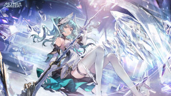1girl absurdres aether_gazer artist_request blue_eyes blue_hair breasts character_request copyright_name dress elbow_gloves gloves head_wings highres holding holding_weapon long_hair official_art short_dress solo stirrup_legwear thighhighs toeless_legwear weapon white_dress white_gloves white_thighhighs wings