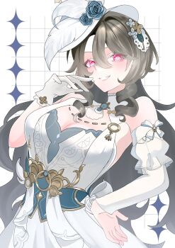 1girl bare_shoulders breasts cleavage commentary_request detached_sleeves dress fuka_(_ilouxs2) gloves grey_hair highres honkai_(series) honkai_impact_3rd large_breasts long_hair looking_at_viewer official_alternate_costume purple_eyes single_glove smile solo very_long_hair vita_(honkai_impact) vita_(white_velveteer)_(honkai_impact) white_dress white_gloves