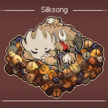 arthropod_girl beastling_(hollow_knight) bell bell_beast_(hollow_knight) black_eyes black_skin cloak colored_skin copyright_name english_text full_body gugushiba00 highres hollow_eyes hollow_knight hollow_knight:_silksong horned_mask hornet_(hollow_knight) horns lying mask needle_(hollow_knight) on_stomach pixel_art red_cloak sitting sleeping sleeping_upright too_many_bells white_mask