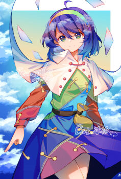 1girl blue_hair blue_sky cape commission dress gradient_eyes hairband highres looking_at_viewer minuo multicolored_dress multicolored_eyes multicolored_hairband purple_hair sample_watermark short_hair sky smile solo tenkyuu_chimata touhou watermark