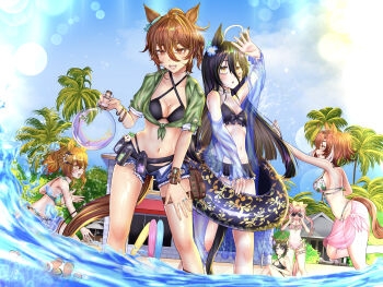 6+girls absurdres agnes_digital_(umamusume) agnes_tachyon_(lunatic_lab)_(umamusume) agnes_tachyon_(umamusume) ahoge animal_ears beach bikini binoculars black_bikini black_hair black_one-piece_swimsuit blue_eyes blue_sky blush bow breasts brown_eyes brown_hair casual_one-piece_swimsuit cleavage cloud clownfish commentary criss-cross_halter dantsu_flame_(umamusume) ear_flower ear_ornament english_commentary fish flask flower fuji_kiseki_(umamusume) green_jacket hair_between_eyes hair_bow hair_ornament hairclip halterneck highres holding holding_binoculars holding_flask horse_ears horse_girl horse_tail innertube jacket jewelry jungle_pocket_(umamusume) kitty_(3kittie9) large_breasts leather_wrist_straps long_hair manhattan_cafe_(the_bubbles_that_i_see_with_you)_(umamusume) manhattan_cafe_(umamusume) medium_breasts medium_hair multicolored_hair multiple_girls navel notched_ear ocean official_alternate_costume official_alternate_hairstyle one-piece_swimsuit open_clothes open_fly open_mouth open_shorts outdoors palm_tree pink_bikini pink_hair pink_one-piece_swimsuit pink_sarong red_eyes round-bottom_flask sarong see-through_clothes see-through_jacket shirt short_hair shorts sky small_breasts smile swim_ring swimsuit tail teeth tied_jacket torn_clothes torn_shorts tree umamusume umamusume:_beginning_of_a_new_era wading water wet white_hair wrist_straps yellow_bow yellow_eyes
