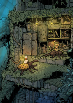 beetle bird bug building commentary dilapidated duck foliage highres industrial_pipe insect kamokyun light_bulb lizard_tail original outdoors overgrown post-apocalypse red_scarf rhinoceros_beetle rubble ruins scarf scenery stag_beetle tail wreckage