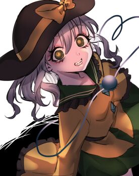 1girl black_hat blouse bow buttons diamond_button eyeball frilled_shirt_collar frilled_sleeves frills green_hair green_skirt hat hat_bow hat_ribbon heart heart_of_string highres komeiji_koishi neon_(co2co8) open_mouth ribbon shirt short_hair skirt solo teeth third_eye touhou yellow_bow yellow_ribbon yellow_shirt