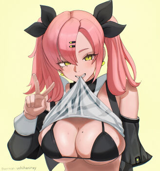 1girl absurdres artist_name bare_shoulders bikini black_bikini black_bra black_ribbon bra breasts clothes_lift commentary earrings english_commentary grin hair_between_eyes hair_ornament hair_ribbon highres jewelry large_breasts lifting_own_clothes long_sleeves looking_at_viewer mole mole_on_breast mouth_hold nicole_demara nose_shade patreon_username pink_hair procreate_(medium) ribbon shirt shirt_lift simple_background skindentation smile solo standing swimsuit teeth teeth_hold twintails uchihaniray underwear upper_body v yellow_background yellow_eyes zenless_zone_zero