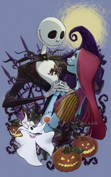 1boy 1girl black_eyes black_flower black_suit blue_skin colored_skin couple flower formal_clothes full_moon hetero highres holding holding_flower holding_hands jack-o&#039;-lantern jack_skellington jacket long_hair looking_at_another moon parted_bangs patchwork_clothes red_hair ri_ri_ri2 sally_(nbc) skeletal_hand skeleton striped_clothes striped_jacket striped_suit suit suit_jacket the_nightmare_before_christmas twitter_username upper_body zero_(nbc)