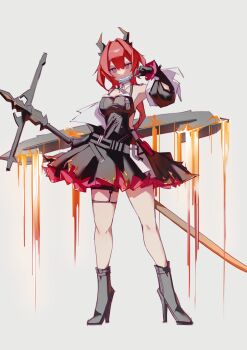 1girl absurdres arknights arknights:_endfield bare_shoulders black_boots black_dress black_gloves black_horns boots breasts cleavage commentary_request demon_horns dress food full_body gloves grey_background hair_between_eyes hair_intakes high_heel_boots high_heels highres holding holding_food holding_ice_cream holding_popsicle holding_sword holding_weapon horns hrtk ice_cream laevatein_(arknights) long_hair looking_at_viewer medium_breasts popsicle purple_eyes red_hair simple_background solo standing surtr_(arknights) sword thigh_strap weapon