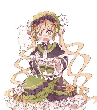 Rule 34 | 1girl, @ @, blonde hair, blush, bonnet, capelet, commentary request, confused, dress, earrings, feet out of frame, flower, frilled capelet, frilled dress, frilled sleeves, frills, green dress, green eyes, hair flower, hair ornament, highres, jewelry, lolita fashion, long hair, long sleeves, looking at viewer, mahou shoujo no majo saiban, nose blush, open mouth, simple background, solo, speech bubble, standing, surprised, tono hanna, toruriri0718, translation request, twintails, very long hair, white background, wide-eyed