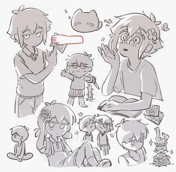 1girl 4boys absurdres alternate_costume antenna_hair arm_up bandaged_head bandages basil_(faraway)_(omori) basil_(omori) book bug butterfly butterfly_on_nose cat chibi closed_eyes closed_mouth collared_shirt double-parted_bangs dual_persona eyepatch flower greyscale hair_between_eyes hair_flower hair_ornament highres holding holding_knife indian_style insect knife looking_at_another looking_at_viewer low_twintails medical_eyepatch mewo monochrome multiple_boys omori omori_(omori) open_book open_mouth overall_shorts overalls parted_lips photo_(object) plant shirt short_hair short_sleeves short_twintails shorts sidelocks sitting sketch spoilers stranger_(omori) striped_clothes striped_shorts sunny_(omori) sweater_vest t-shirt tank_top teeth thatbirdcanfly thighhighs thorns twintails upper_teeth_only upside-down vertical-striped_clothes vertical-striped_shorts vines zzz