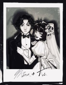 Rule 34 | 1girl, 1other, alternate universe, back bow, black hair, bow, bowtie, character signature, collared shirt, commentary, deadlock (game), dress, elbow gloves, english commentary, expressionless, flower, formal clothes, gloves, greyscale, hair flower, hair ornament, highres, jacket, looking at viewer, mina (deadlock), monochrome, other with female, photo (object), pocket (deadlock), polaroid photo, rosewaterjelly, shirt, short hair, smile, suit, suit jacket, traditional bowtie, upper body, wedding dress