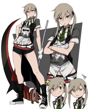 1girl :/ absurdres alternate_costume belt black_shorts blonde_hair blush_stickers c: commentary converse crossed_arms full_body furrowed_brow gloves green_eyes green_scarf hair_ornament hairclip highres holding holding_scythe kekel looking_at_viewer maka_albarn multiple_expressions multiple_views parallel_hairclips parted_lips scarf scythe shorts simple_background smile soul_eater striped_clothes striped_scarf twintails vertical-striped_clothes vertical-striped_scarf white_background white_gloves white_scarf