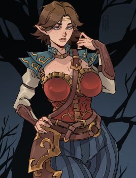 Rule 34 | 1girl, absurdres, aestri yazar, alternate breast size (larger), blue eyes, blue pants, breasts, brown hair, circlet, cleavage, closed mouth, commentary, dead by daylight, dungeons &amp; dragons, elf, freckles, hand on own hip, highres, large breasts, lips, long sleeves, looking at viewer, loqu1t, pants, pointy ears, short hair, solo, striped clothes, striped pants, vertical-striped clothes