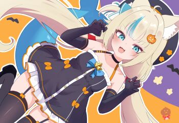 Rule 34 | 1girl, alternate costume, animal ears, black dress, blonde hair, blue eyes, blue hair, blush, breasts, cat ears, dress, fins, fish girl, fish tail, food-themed hair ornament, garter straps, gloves, hair ornament, highres, indie virtual youtuber, long hair, milk tea 1993, multicolored hair, open mouth, pumpkin, pumpkin hair ornament, sameko saba, small breasts, solo, tail, thighhighs, twintails, two-tone hair, virtual youtuber
