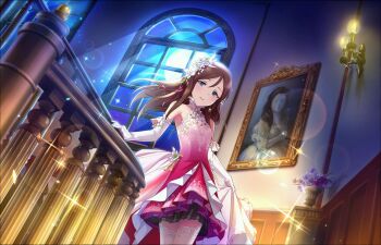 Rule 34 | 10s, 1girl, arm support, armpits, artist request, banister, bare shoulders, blue eyes, blurry, blush, bokeh, breasts, brown hair, candle, candlelight, candlestand, closed mouth, collar, collarbone, crossed legs, depth of field, dot nose, dress, dutch angle, earrings, elbow gloves, eyelashes, female focus, fire, floral print, flower, framed image, frilled collar, frilled dress, frilled gloves, frills, full moon, furusawa yoriko, gloves, gold trim, gradient clothes, gradient dress, hair between eyes, hair flower, hair ornament, hair over shoulder, hair ribbon, half-closed eyes, halter dress, halterneck, high collar, idolmaster, idolmaster cinderella girls, idolmaster cinderella girls starlight stage, indoors, jewelry, layered dress, light particles, light smile, lips, long hair, looking at viewer, mole, mole under eye, moon, moonbeam, moonlight, night, official art, open clothes, open dress, painting (object), parted bangs, petticoat, picture frame, pinstripe pattern, plant, potted plant, print dress, red dress, red ribbon, ribbon, sky, sleeveless, sleeveless dress, slip showing, small breasts, solo, sparkle, stairs, standing, striped, tassel, thighhighs, vertical stripes, white dress, white flower, white gloves, white thighhighs