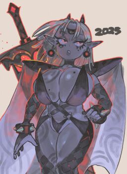 1girl 2025 armor bikini_armor black_choker black_sclera bracelet breast_tattoo breasts bridal_gauntlets cape choker cleavage colored_sclera commentary cowboy_shot demon_horns earrings english_commentary female_pubic_hair fingernails full-body_tattoo glowing glowing_hot glowing_sword glowing_weapon half-closed_eyes highres horns huge_breasts huge_weapon jewelry keziedra leg_tattoo long_eyelashes long_pointy_ears mamba_(keziedra) mole mole_on_breast mole_under_eye monochrome multiple_moles nail_polish original outline parted_lips pauldrons pointy_ears pubic_hair pubic_hair_peek red_light red_outline short_hair shortstack shoulder_armor sideboob solo sphere_earrings spiked_bracelet spikes spot_color sword sword_on_back tattoo thighhighs third_eye weapon weapon_on_back