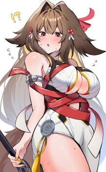 !? 1girl :o armpit_crease bare_shoulders bound breasts brown_hair cleavage commentary_request dress enipa_28 fingernails highres large_breasts long_hair nail_polish red_eyes simple_background sweat thighs white_background white_dress ye_shunguang yellow_nails zenless_zone_zero