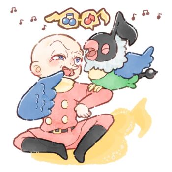 3510mico bald beak black_boots blue_eyes blue_wings boots chatot closed_eyes coat cyborg cyborg_009 feathers gen_4_pokemon great_britain_(cyborg_009) green_feathers music nintendo pants pokemon pokemon_(creature) pokemon_on_arm red_coat red_pants scarf singing sitting wings yellow_scarf