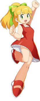 android arm_up blonde_hair breasts cleavage_cutout clenched_hands clothing_cutout collarbone commentary_request dress fringe_trim green_eyes green_ribbon hair_ribbon highres jumping leg_up long_hair medium_breasts mega_man_(classic) mega_man_(series) mega_man_x_(series) mega_man_x_dive open_mouth petticoat ponytail red_sandals ribbon ribbon_hair robot_girl roll_(mega_man) sadfg02 sandals short_dress sidelocks sleeveless smile