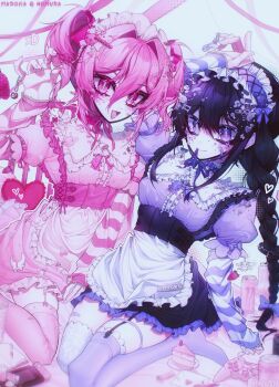 2girls :d akemi_homura apron black_hair bow braid breasts cake cake_slice can commentary double-parted_bangs dress drink_can english_commentary food garter_straps hair_between_eyes hair_bow hair_intakes hair_ornament hand_up hello7692 highres holding kaname_madoka long_hair looking_at_viewer mahou_shoujo_madoka_magica maid maid_apron maid_headdress monster_energy mouth_hold multiple_girls open_mouth pink_bow pink_dress pink_eyes pink_hair pink_ribbon pink_thighhighs purple_bow purple_dress purple_eyes purple_thighhighs ribbon short_hair short_twintails sitting small_breasts smile thighhighs twintails white_apron