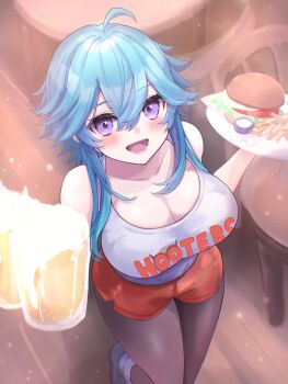 1girl :d absurdres ahoge alcohol bare_shoulders beer beer_mug blue_hair blush breasts burger chair cleavage collarbone commentary commission cup earrings employee_uniform english_commentary fire_emblem fire_emblem:_genealogy_of_the_holy_war food french_fries from_above highres holding holding_cup holding_food holding_plate hooters jewelry large_breasts leggings looking_at_viewer looking_up maru_run mug nintendo open_mouth orange_shorts original pantyhose plate print_tank_top purple_eyes selia_(mrtalkingdino) shoes short_hair short_shorts shorts skeb_commission sleeveless smile solo table tank_top tomboy waitress walking