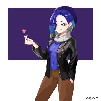 1girl absurdres alternate_costume black_jacket blue_hair blue_sweater breasts brown_eyes brown_pants commentary_request covered_navel cowboy_shot dated eyelashes green_hair habin52 hair_over_one_eye hand_in_pocket heart highres jacket korean_commentary leather leather_jacket long_sleeves medium_hair multicolored_hair nintendo open_clothes open_jacket pants perrin_(pokemon) pokemon pokemon_sv simple_background smile solo sweater