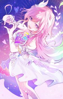 1girl absurdres bare_shoulders breasts commentary cyrene_(demiurge)_(honkai:_star_rail) cyrene_(honkai:_star_rail) diamond-shaped_pupils diamond_(shape) dress heart heart_hands highres honkai:_star_rail honkai_(series) long_hair looking_at_viewer medium_breasts open_mouth pink_hair pointy_ears purple_eyes sky smile solo star_(sky) starry_sky symbol-only_commentary symbol-shaped_pupils twitter_username very_long_hair white_dress x8n2h