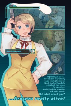 Rule 34 | 1girl, arm up, blonde hair, blue eyes, blush, character name, closed mouth, commentary, english commentary, english text, fire, gun, hand on own hip, handgun, headset, health bar, highres, holding, holding gun, holding weapon, hoshizora lone, long sleeves, looking at viewer, molotov cocktail, open mouth, operator's side, pantyhose, parted lips, pencil skirt, ribbed sweater, rifle, rio hohenheim, short hair, skirt, smile, solo, sweater, vest, weapon, white sweater, yellow pantyhose, yellow skirt, yellow vest