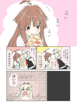 !? (o)_(o) 10s 2girls ahoge bathtub belly_grab blunt_bangs bow brown_eyes brown_hair censored closed_eyes comic commentary_request eating finger_to_mouth fingerless_gloves food gloves hair_bow hair_flaps hikawa79 holding holding_food kantai_collection kuma_(kancolle) long_hair midriff multiple_girls neckerchief open_mouth pink_background pizza school_uniform serafuku short_sleeves shorts sidelocks smile spoken_interrobang sweat nervous_sweating teeth timer tomato translation_request turn_pale yuudachi_(kancolle)