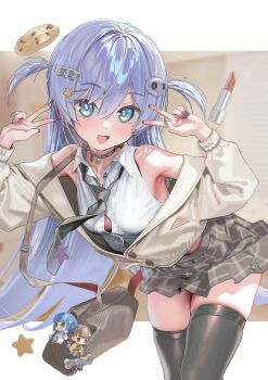 1girl :d armpits bag black_necktie black_thighhighs blue_eyes blue_hair blurry blurry_background breasts brown_cardigan brown_skirt button_gap cardigan collared_shirt commentary cookie double-parted_bangs double_v food hair_between_eyes hair_ornament hairclip halter_shirt halterneck hands_up highres kanzarin leaning_forward lipstick long_hair looking_at_viewer loose_necktie makeup midriff_peek miniskirt nail_polish necktie off_shoulder open_mouth partially_unbuttoned plaid_clothes plaid_skirt pleated_skirt purple_nails shirt shoulder_bag skindentation skirt skull_hair_ornament sleeveless sleeveless_shirt small_breasts smile solo star_(symbol) star_hair_ornament thighhighs two_side_up v very_long_hair virtual_youtuber vspo! white_shirt yano_kuromu