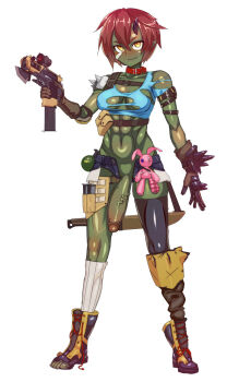 1futa armor asymmetrical_legwear black_thighhighs boots breasts brown_gloves closed_mouth collar dagger denim denim_shorts doll explosive fang female_orc futanari gloves grenade gun handgun highres holding holding_gun holding_weapon horns knife lace-up_boots large_penis looking_at_viewer medium_breasts midriff mismatched_legwear nisetanaka open_clothes open_shorts orange_hair orc original pauldrons penis pointy_ears sheath sheathed shirt shorts shoulder_armor simple_background single_horn single_pauldron smile socks solo spiked_pauldrons thighhighs toes torn_clothes torn_shirt trigger_discipline weapon white_background white_socks yellow_eyes